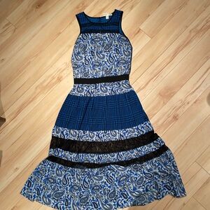 Sz S Michael Kors Blue Lazio Paisley/plaid Print Tiered Maxi Dress W/lace